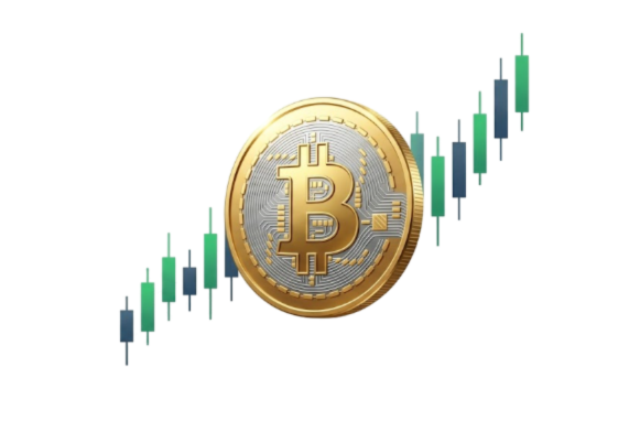 Moneda de bitcoin frente a un gráfico de velas.